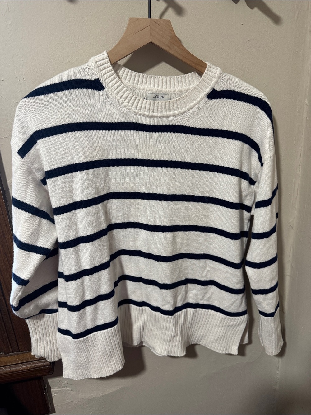 J. Crew White Crewneck Sweater with Navy Stripes
